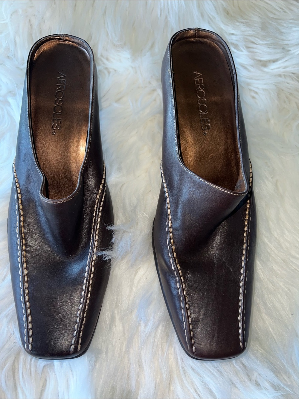 AEROSOLES Dark Brown Leather Slip-On Mules with Contrast Stitching
